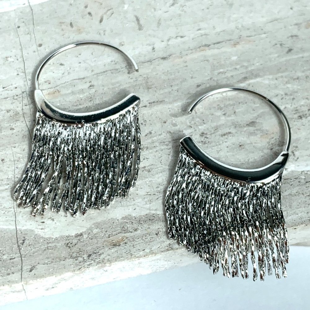 NEW~ Anthropologie Silver Slinky Fringe Hoop Earrings
